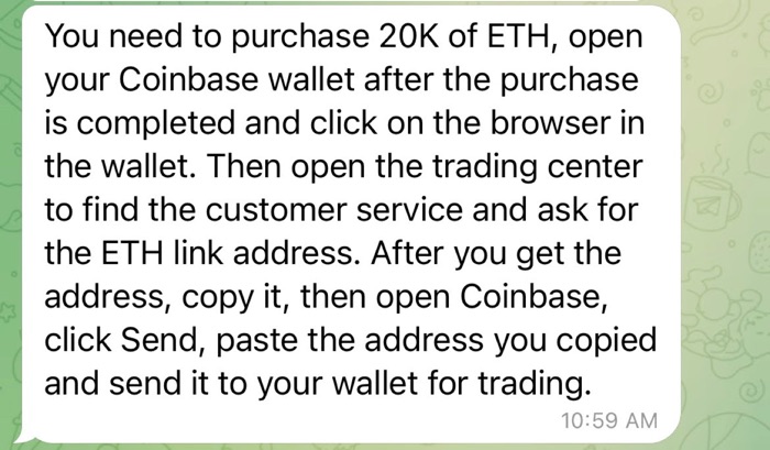 A Telegram message from a pig butcher asking a victim to purchase and invest 20,000 U.S. dollars worth of ethereum (or ETH)