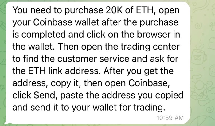 A Telegram message from a pig butcher asking a victim to purchase and invest 20,000 U.S. dollars worth of ethereum (or ETH)