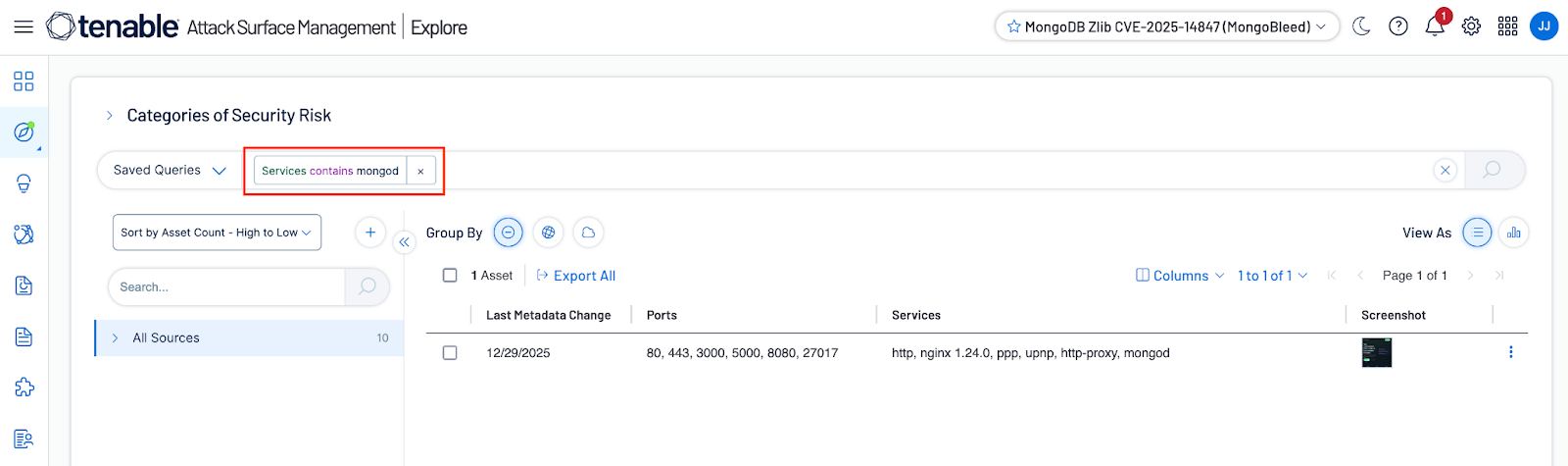 Tenable Attack Surface Management screenshot showing filter for MongoDB instances