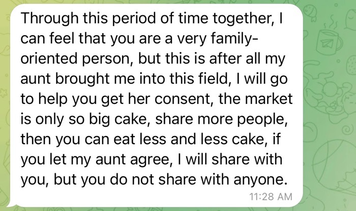 A Telegram message from a pig butcher offering to seek permission to share their investment knowledge from their aunt but that the victim needs to keep it a secret