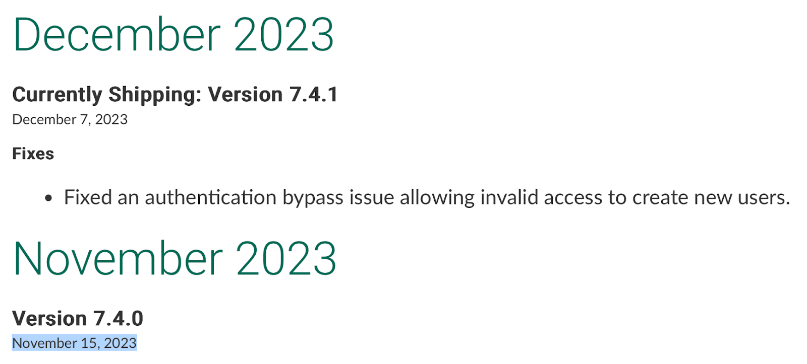 A screenshot of the GoAnywhere MFT release notes page showing the release dates for version 7.4.1 (December 7, 2023) and 7.4.0 (November 15, 2023)