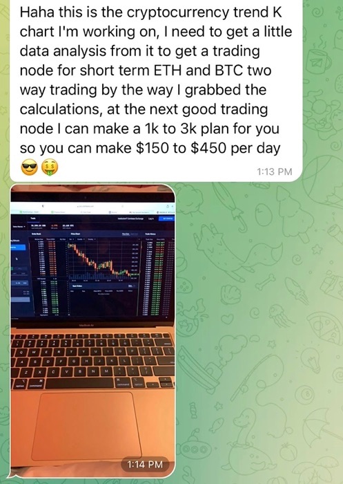 A Telegram message from a pig butcher talking about cryptocurrency trend charts and offering to help the victim earn $150 to $450 per day through investments.