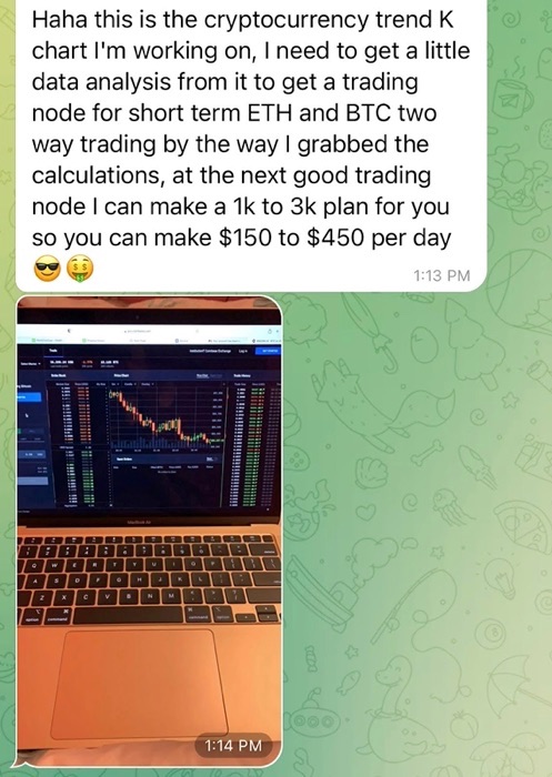 豚殺し屋が送った Telegram メッセージ。暗号資産の推移グラフについて話して、投資から一日あたり $150 から $450 稼げるように被害者を支援すると言っている