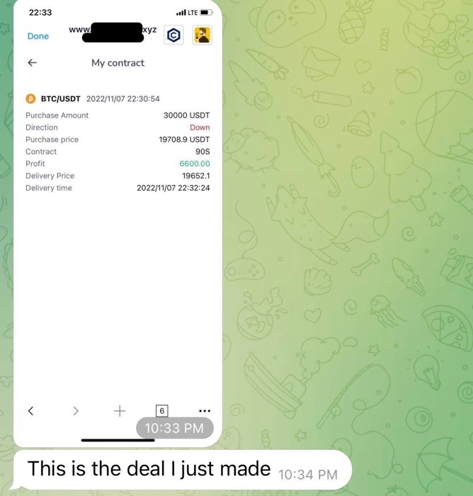 A Telegram message from a pig butcher showing a screenshot of an app trade for Bitcoin and Tether, talking about a deal they just made in order to entice the victim into investing.