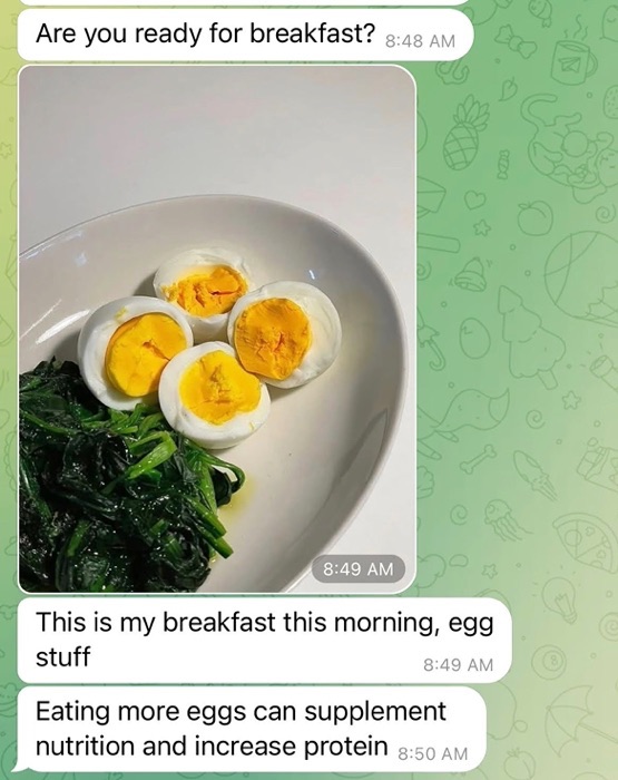 豚殺し屋の Telegram メッセージ。朝食を取ったか、卵を食べることは重要だとといかけて、思いやりまたは心配していることを表現している。