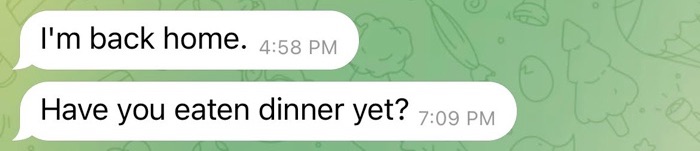 豚殺し屋からの Telegram メッセージ。夕飯を食べたかと問いかけて思いやりや心配していることを表現している。