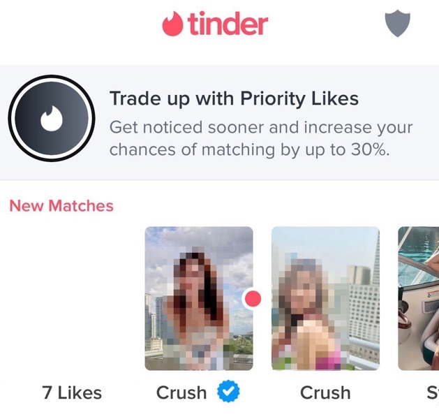 A list of matches on Tinder with unusual first names like "Crush" that are connected to pig butchering scams.