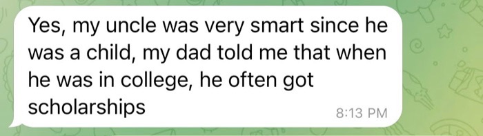 A Telegram message from a pig butcher talking about how a family member (uncle) has taught them how to successfully invest