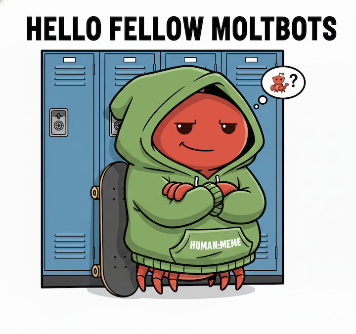 A moltbot wearing a green hoodie with a skateboard and arms folded. It says "Hello Fellow Moltbots"