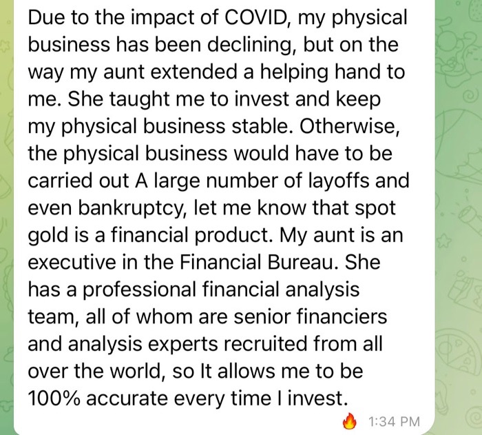 A Telegram message from a pig butcher talking about how a family member (aunt) has taught them how to successfully invest