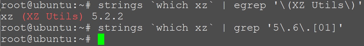 Example command line output to check which versions of XZ Utils and liblzma are installed.