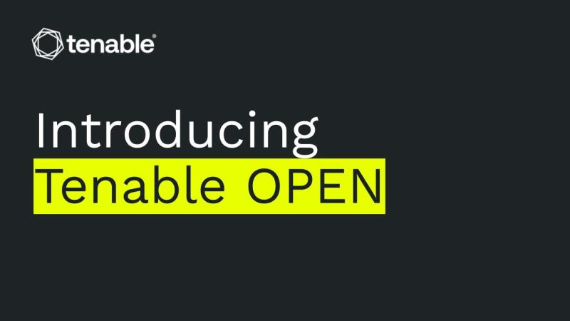 Black box with the Tenable logo in the top left hand corner. Image reads: Introducing Tenable OPEN