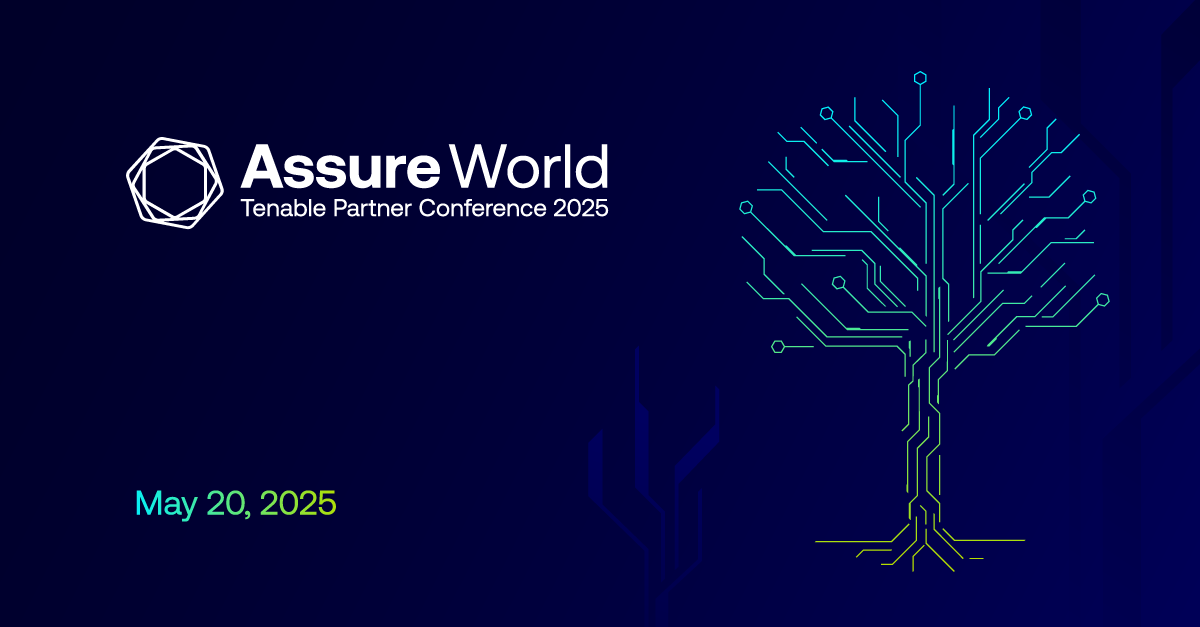 A tranquil blue background with network connections shaped as a tree. The test reads Assure World  - Tenable Partner Conference 2025 and is dated May 20, 2025
