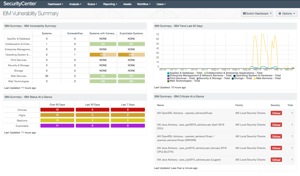 IBM Vulnerability Summary Dashboard Screenshot