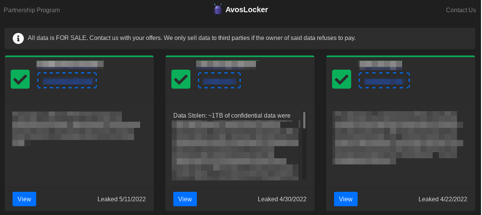 AvosLocker のリークウェブサイト、画像出典: Tenable、2022 年 5 月
