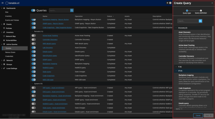 Tenable OT Security 3.16 introduces the Queries Management Table