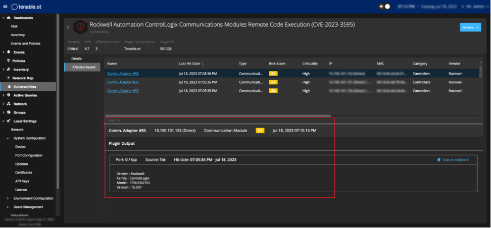 how to use Tenable OT Security 3.16 to find CVE-2023-3595 Rockwell Automation Control Logix vulnerability