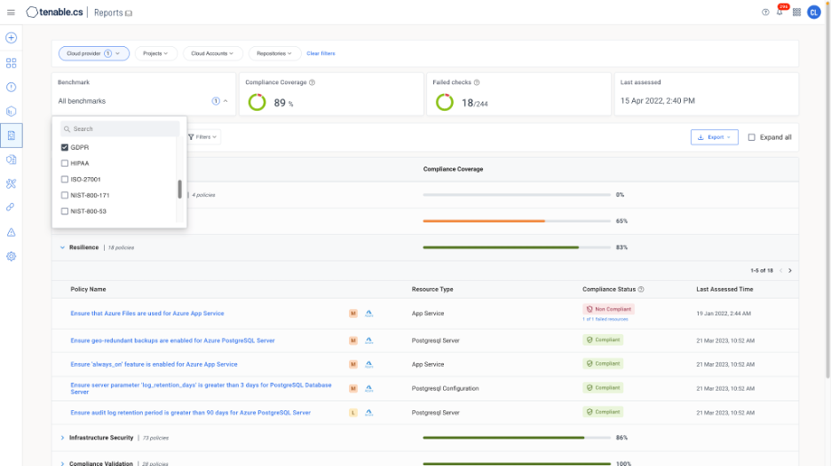 Tenable compliance report for GDPR