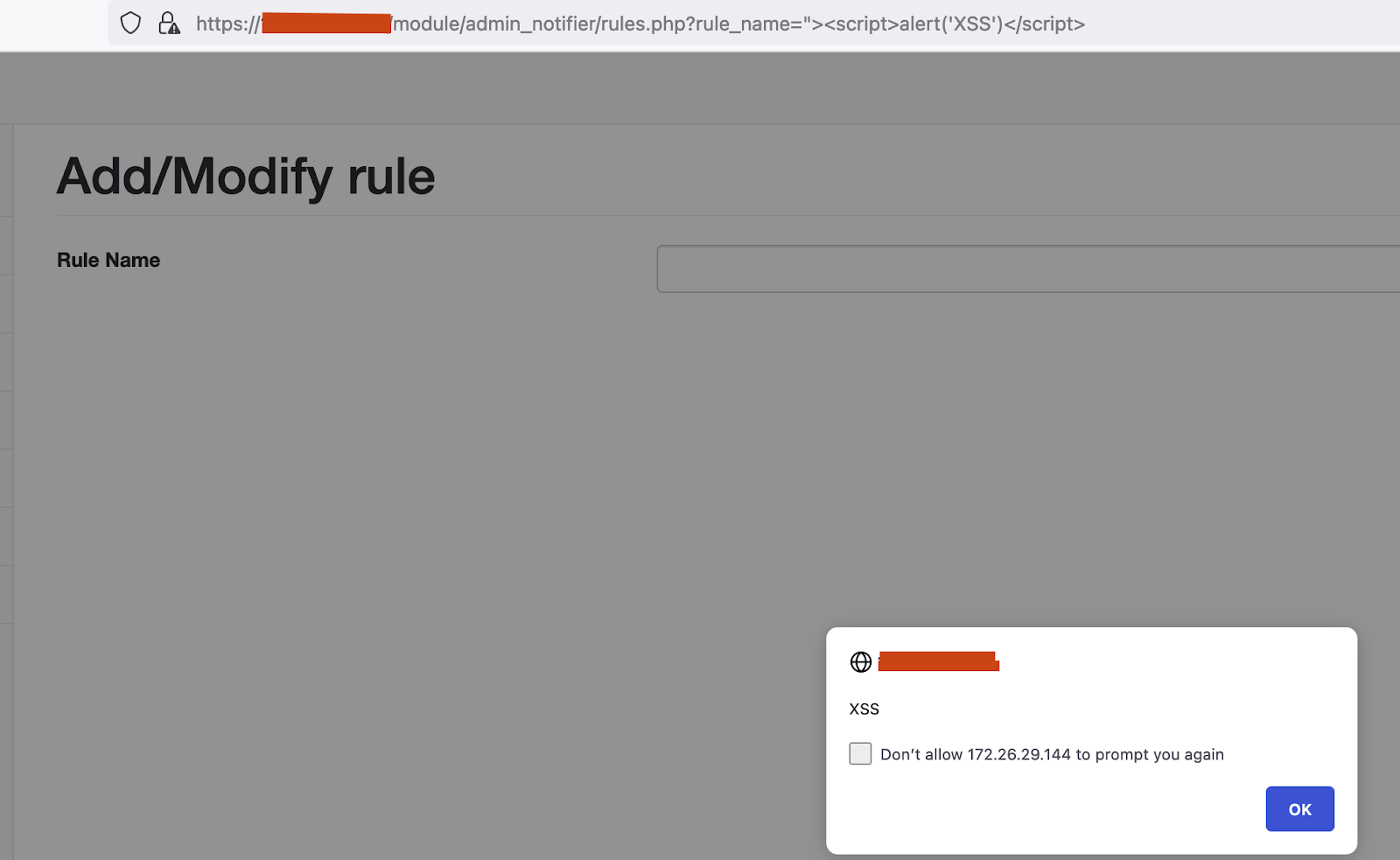 Screenshot illustrating XSS attack