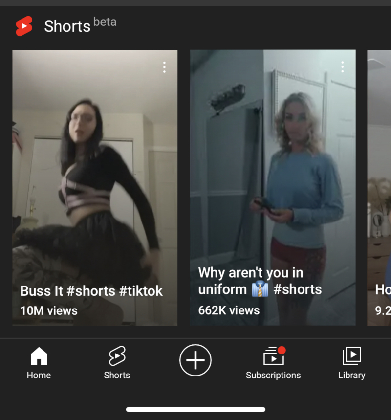 Example of YouTube Shorts carousel in YouTube app featuring stolen TikTok videos