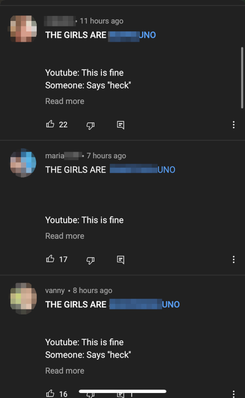 Example comments promoting adult dating spam on YouTube Shorts videos.