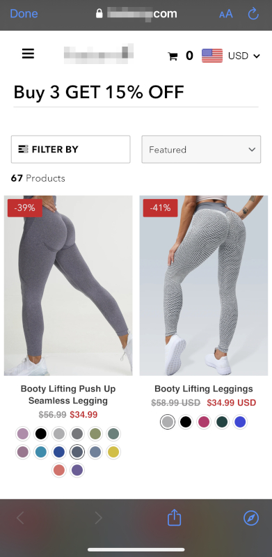 Shopify page selling leggings for a higher price than AliExpress