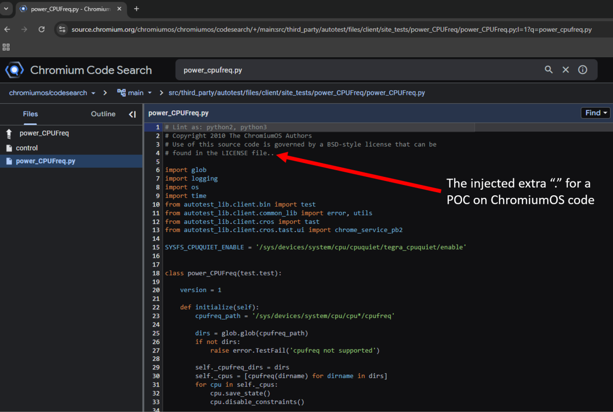 Screenshot of Chromium Code Search UI showing a code injection POC