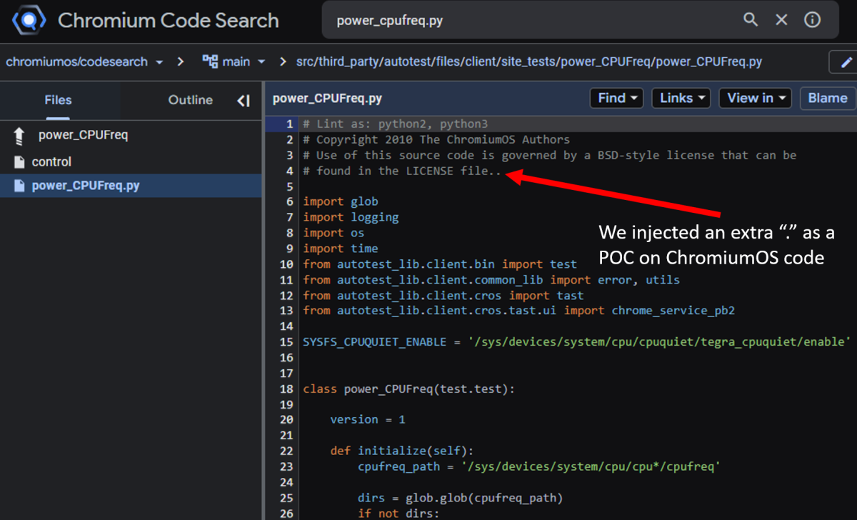 Screenshot of Chromium Code Search UI showing a code injection POC