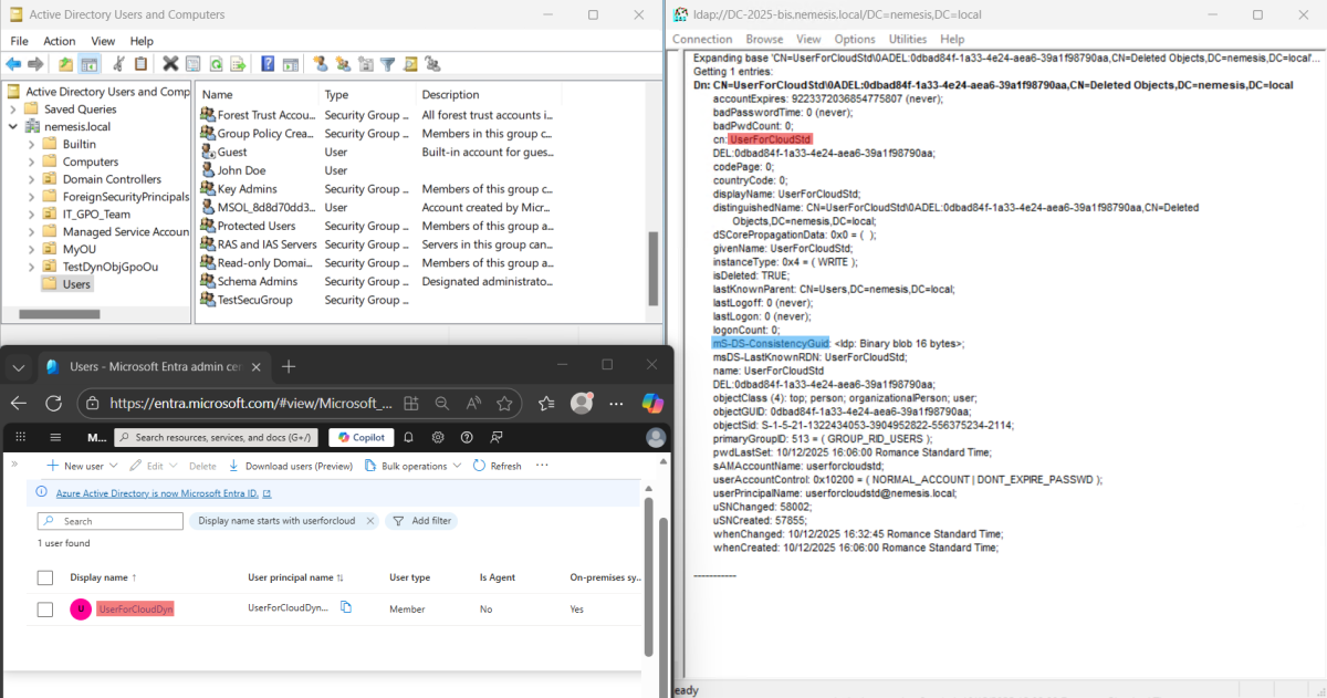 Hybrid identity view showing that an expired on-premises dynamic user ('UserForCloudDyn') still remains active in Entra ID, despite the synchronization cycle