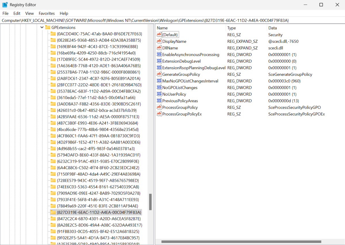 Screenshot of CSE registry editor