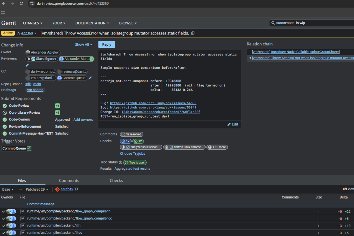 Screenshot of an example of active code change in Gerrit