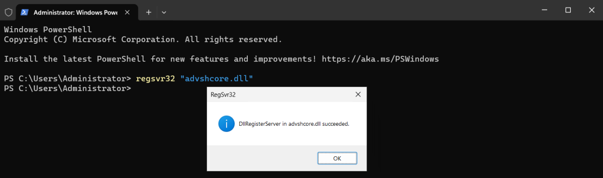 DLL registration success confirmation