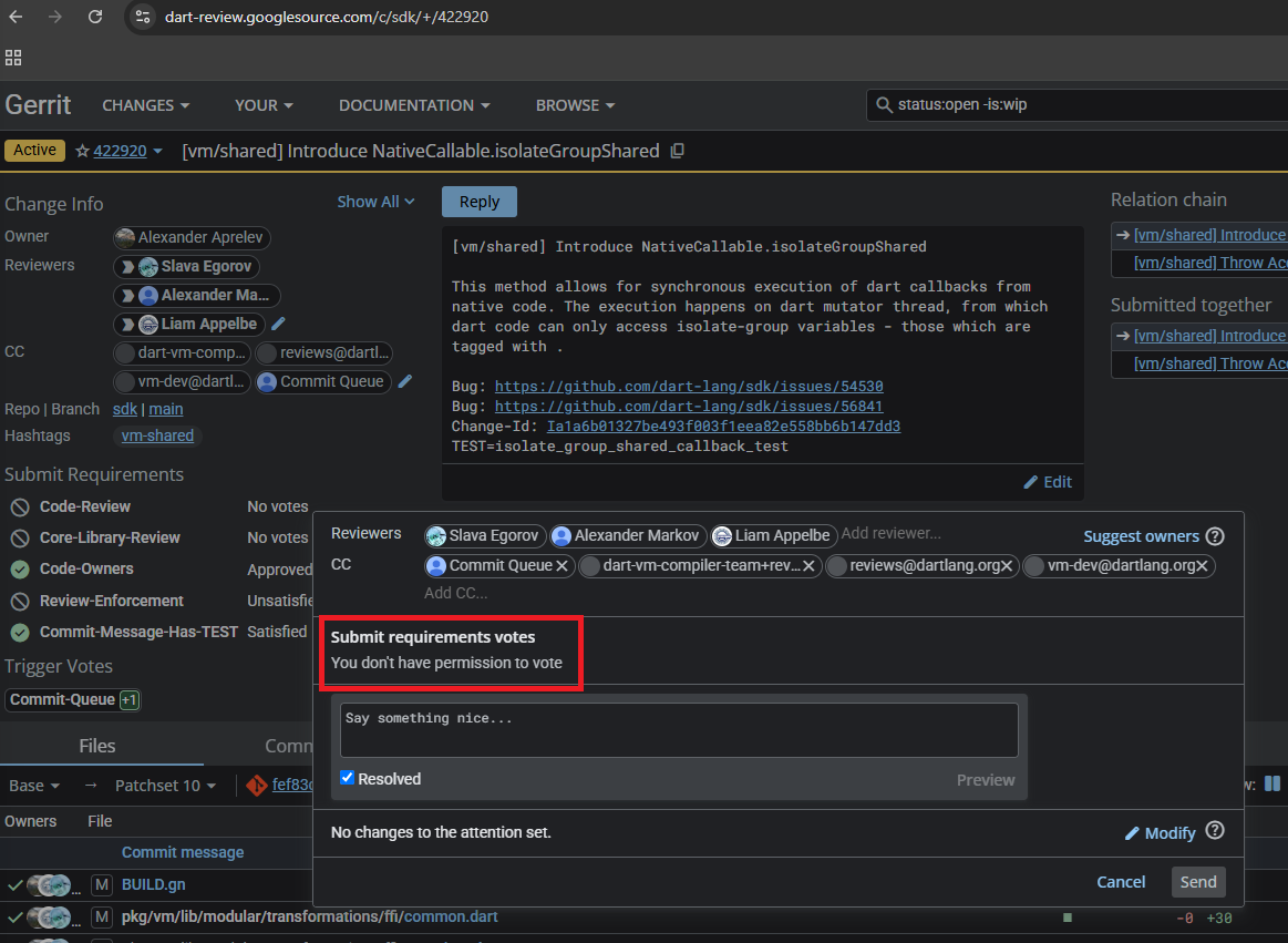 Gerrit screenshot showing no permissions to vote on any submit requirement
