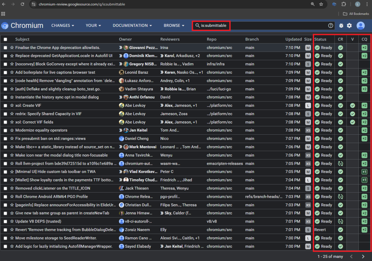 Gerrit screenshot showing the use of queries to find submittable code changes