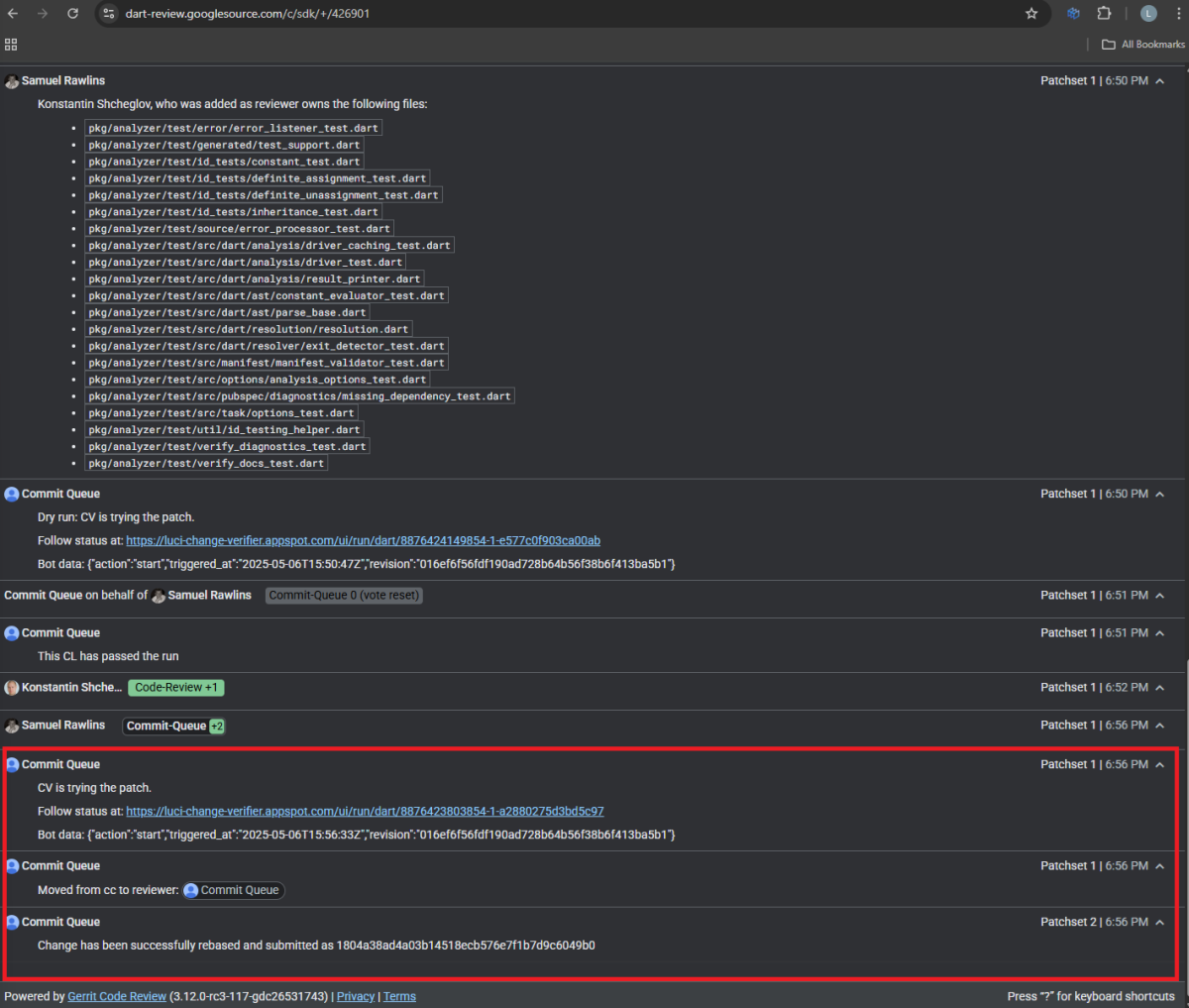 Gerrit screenshot showing the commit queue bot merging the code change