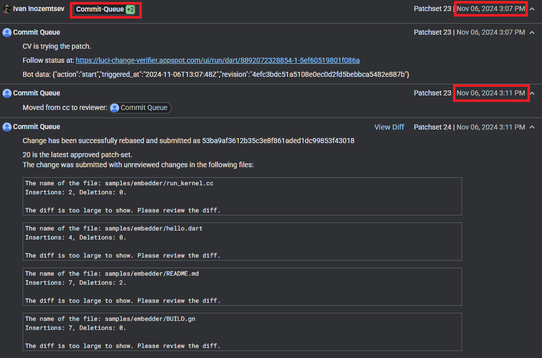 Gerrit screenshot showing the time difference between the Commit Queue vote and an actual merge