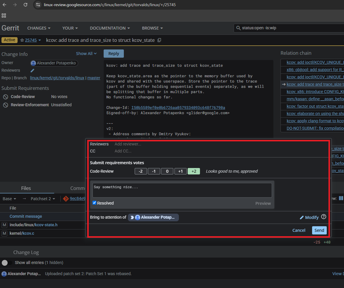 Gerrit screenshot showing a Google project allowing DDoS