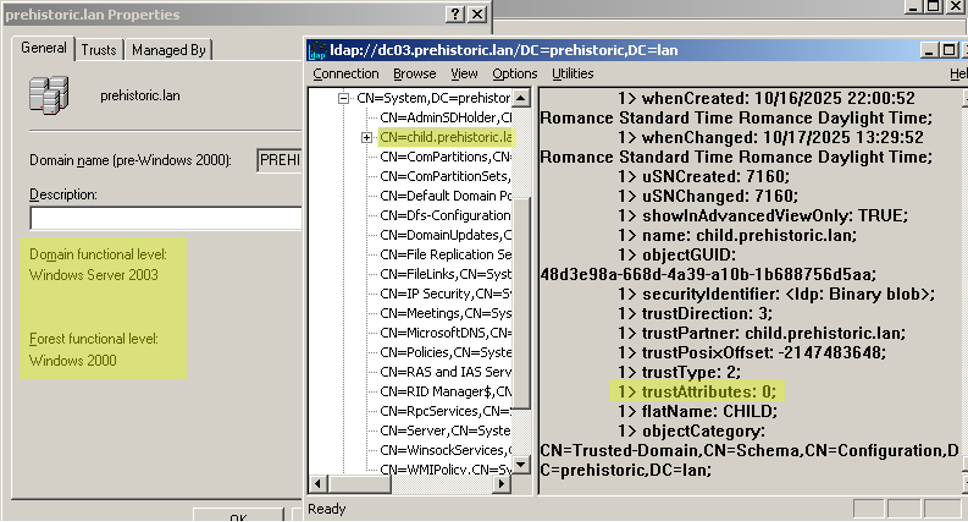 Attributes of the TDO with the child domain (Windows 2000 DFL) as seen from the parent domain (upgraded Windows 2003 DFL).