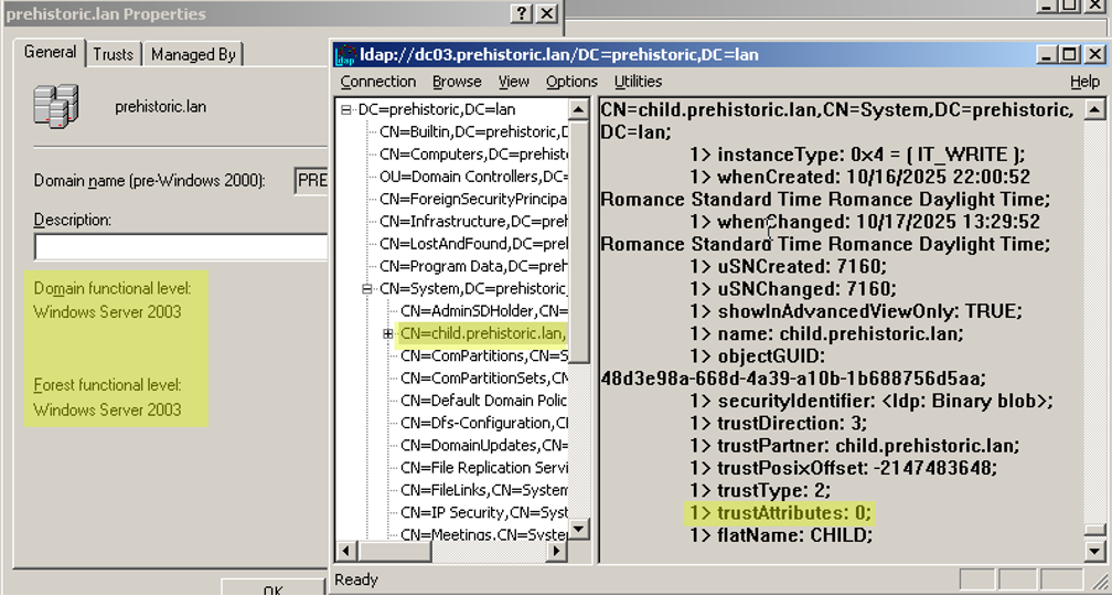 Attributes of the TDO with the child domain (upgraded to Windows 2003 DFL) as seen from the parent domain (Windows 2003 DFL & FFL).