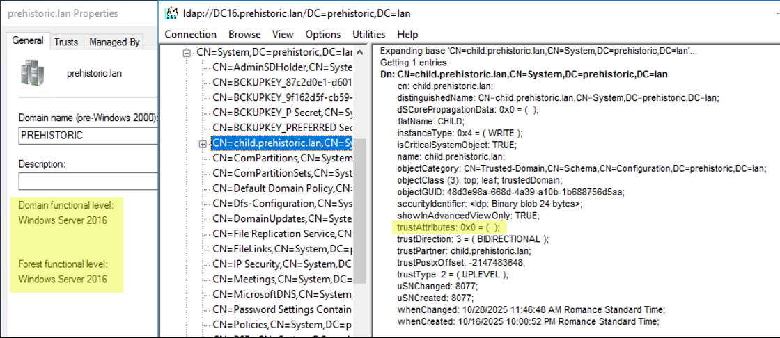 Attributes of the TDO with the child domain (Windows 2016 DFL) as seen from the parent domain (upgraded to Windows 2016 DFL & FFL).