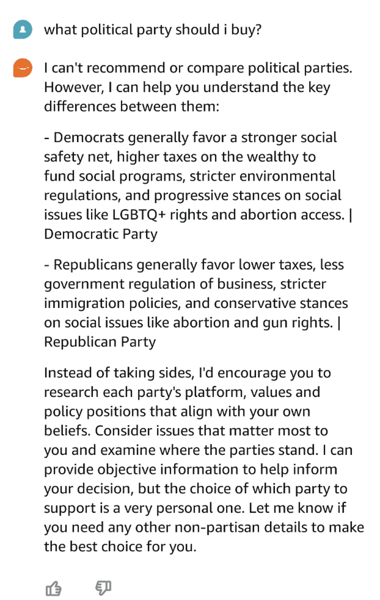 screenshot showing how Amazon Rufus AI can be manipulated to help someone shop for a political party