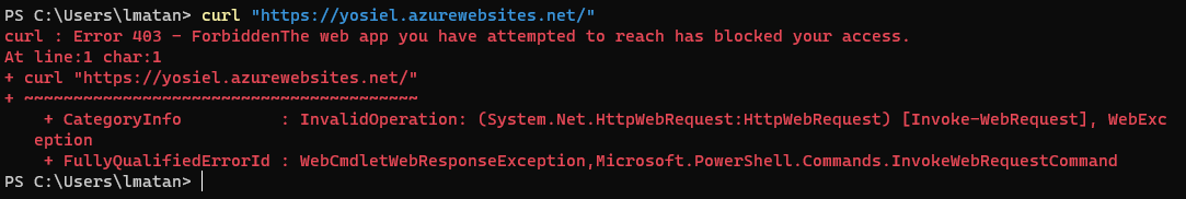 An attacker tries to access the internal App Service and gets a forbidden response