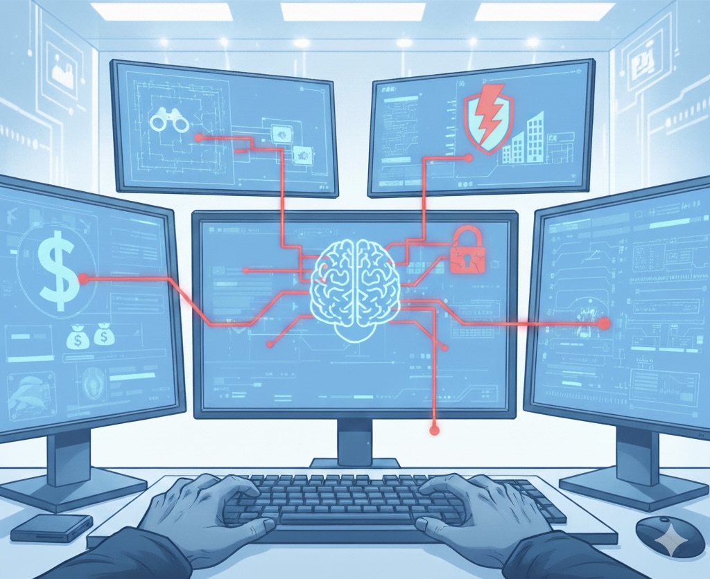 Illustration of a brain in the middle of five computer screens indicating abuse of an agentic AI tool