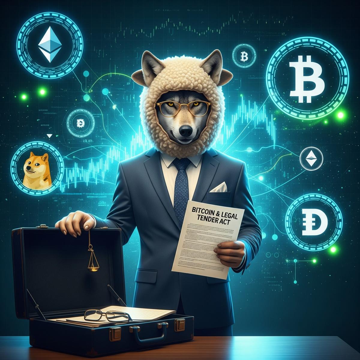 Image of a wolf wearing a sheep headcover and wearing a suit behind a desk with a briefcase and holding a contract