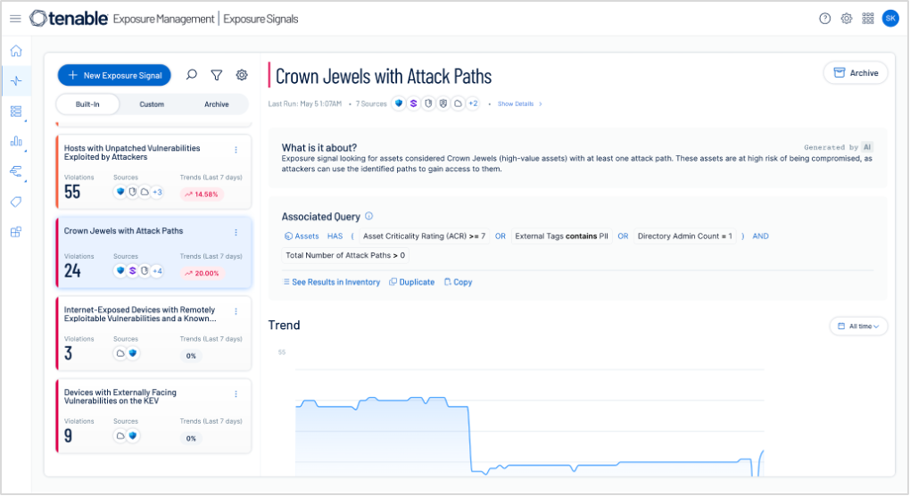 Detailed view of an Exposure Signal in Tenable One, showing Crown Jewels (high-value assets) with at least one attack path.