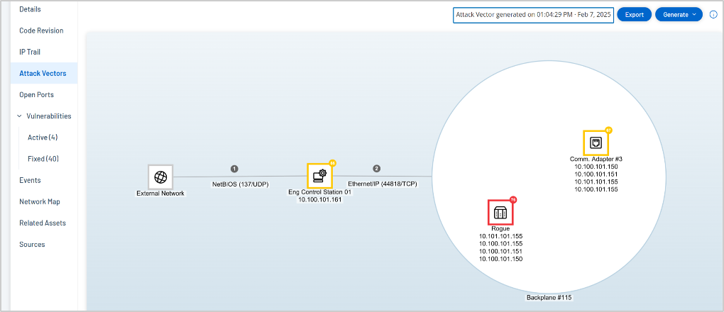An example of an attack vector in Tenable OT Security, visualizing a specific path an attacker may take to reach critical OT/IoT systems in detail.