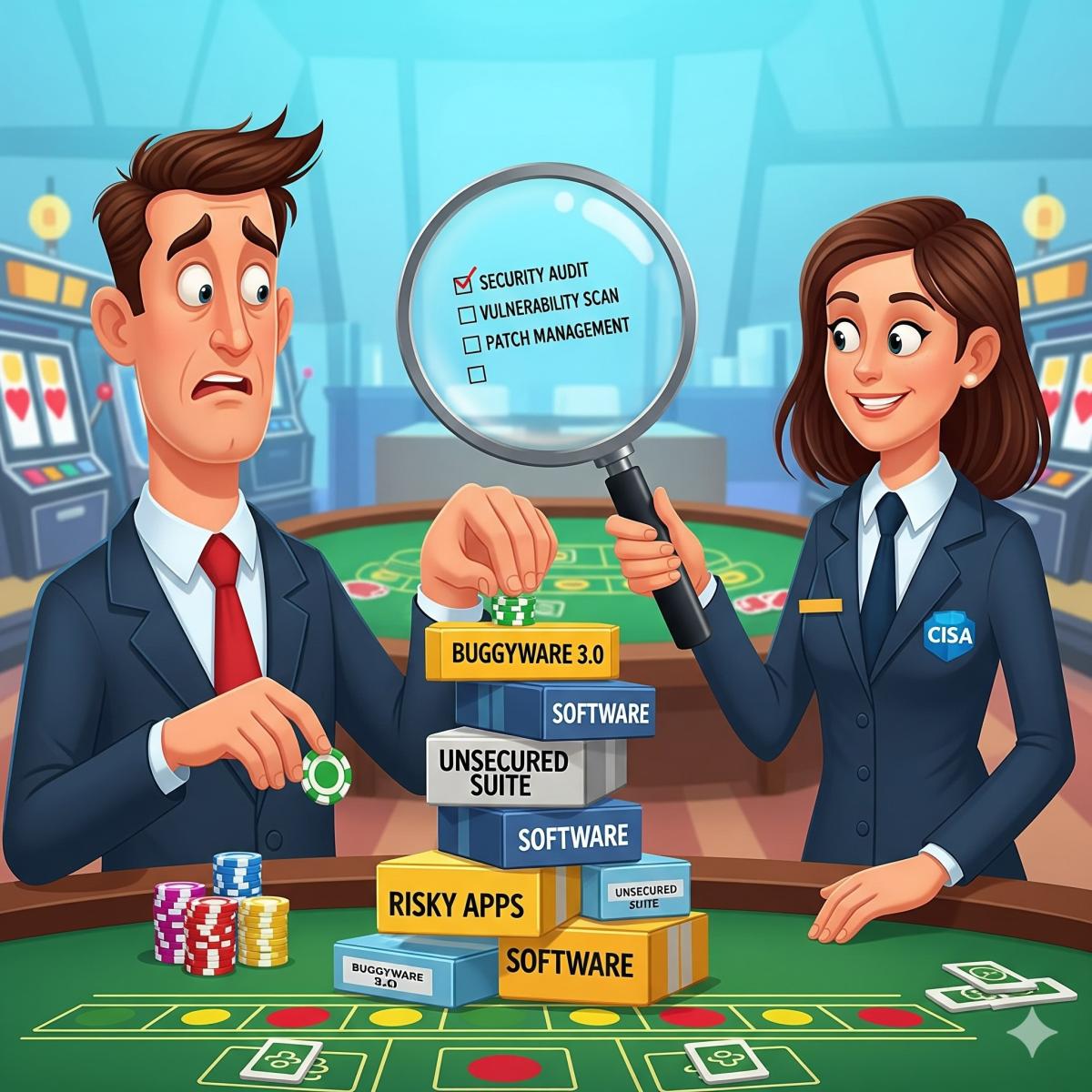 Cartoon image of a software buyer in a suit at a poker table betting on the safety of his software purchases while a CISA official with a magnifying glass helps him vet the software's security