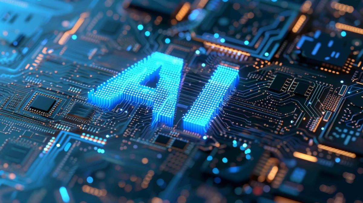 Illustration of letters "AI" in light blue over a computer motherboard