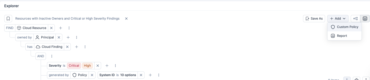 Tenable Cloud Security screenshot showing custom policies feature