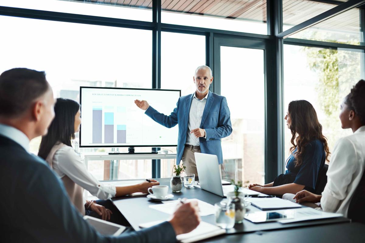 Photo of an executive giving a presentation in a conference room